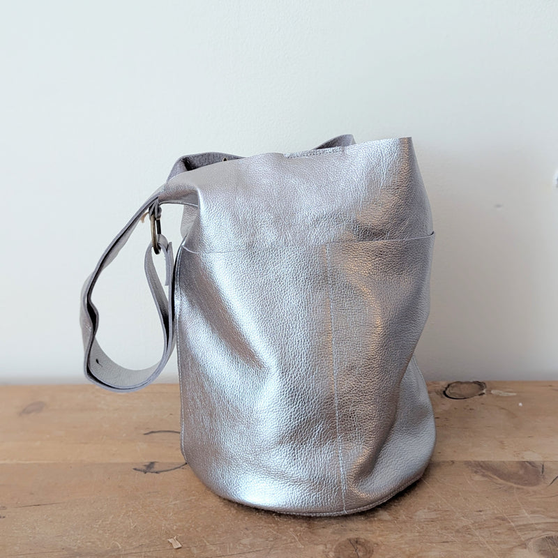 Stitch and Tickle everyday silver metallic large bucket leather bag handmade boston gift shop sowa independent boutique