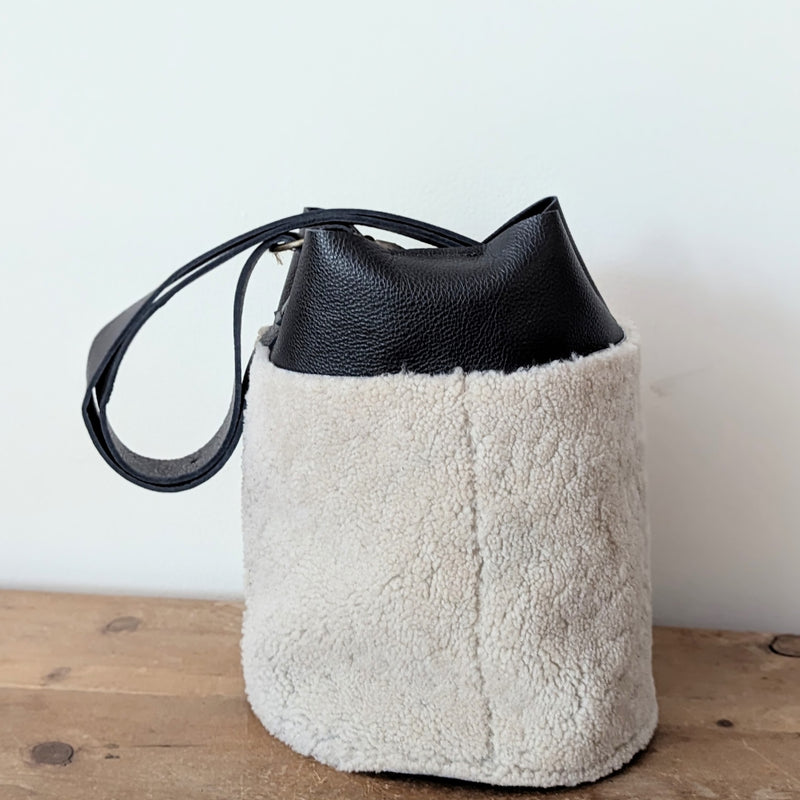 Stitch and Tickle handmade shearling  leather large bucket bag made in Boston made in usa leatherwork leathercraft SoWa pocket book tote carryall