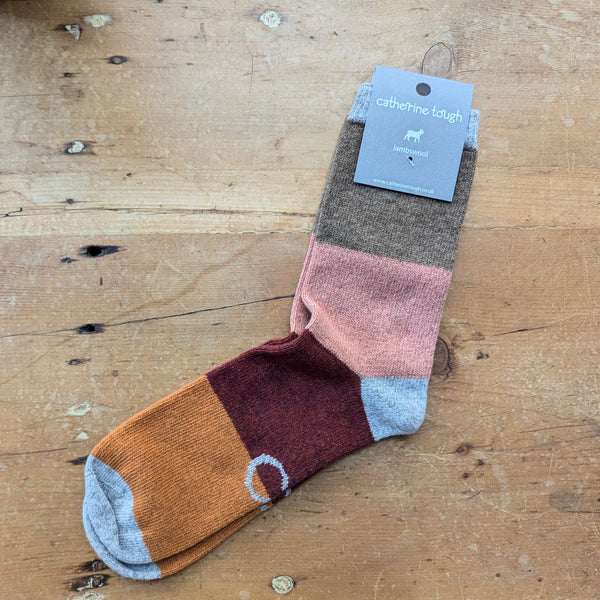 Catherine Tough Merino Lambswool Ankle crew Socks knitted red burgundy brown orange colorblock stripe made in Scotland gift shop Boston sowa boutique mens winter accessories