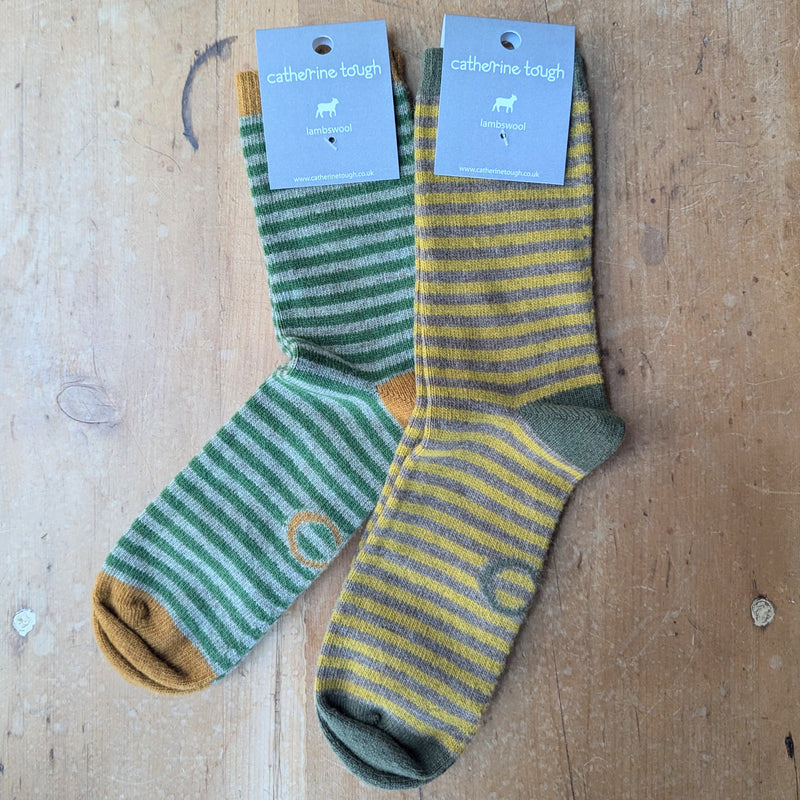 Catherine Tough Merino Lambswool Ankle crew Socks knitted yellow green stripe brown orange colorblock stripe made in Scotland gift shop Boston sowa boutique mens winter accessories