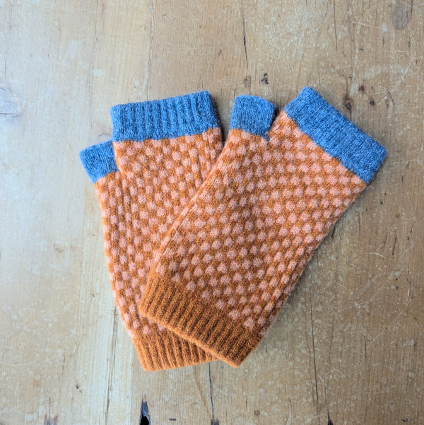 Catherine Tough Merino Lambswool Fingerless Wrist Warmers Gloves knitted checker made in Scotland gift shop Boston sowa boutique womens winter accessories