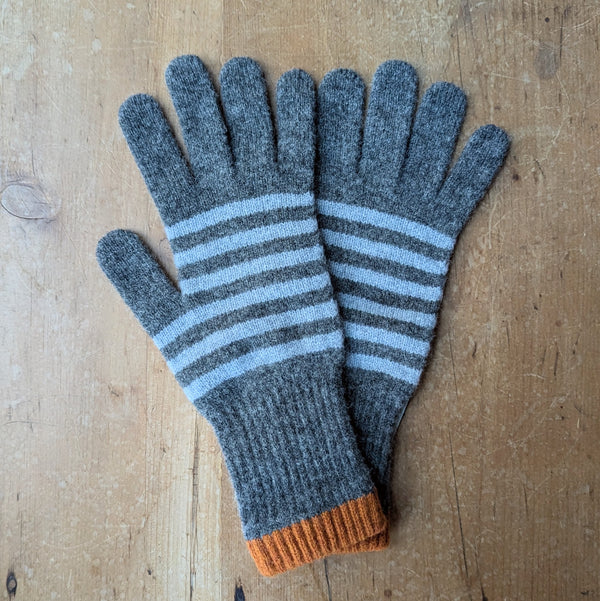 Catherine Tough Merino Lambswool Gloves knitted gray stripe made in Scotland gift shop Boston sowa boutique womens winter accessories