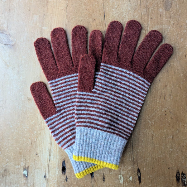 Catherine Tough Merino Lambswool Gloves knitted red burgundy stripe made in Scotland gift shop Boston sowa boutique mens winter accessories

