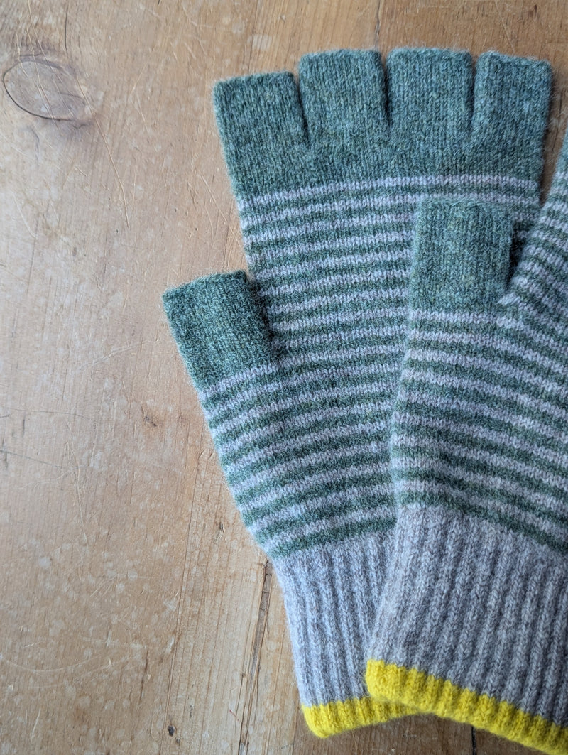 Catherine Tough Merino Lambswool Fingerless Gloves knitted green stripe made in Scotland gift shop Boston sowa boutique unisex winter accessories