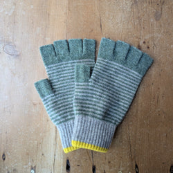 Catherine Tough Merino Lambswool Fingerless Gloves knitted green stripe made in Scotland gift shop Boston sowa boutique unisex winter accessories