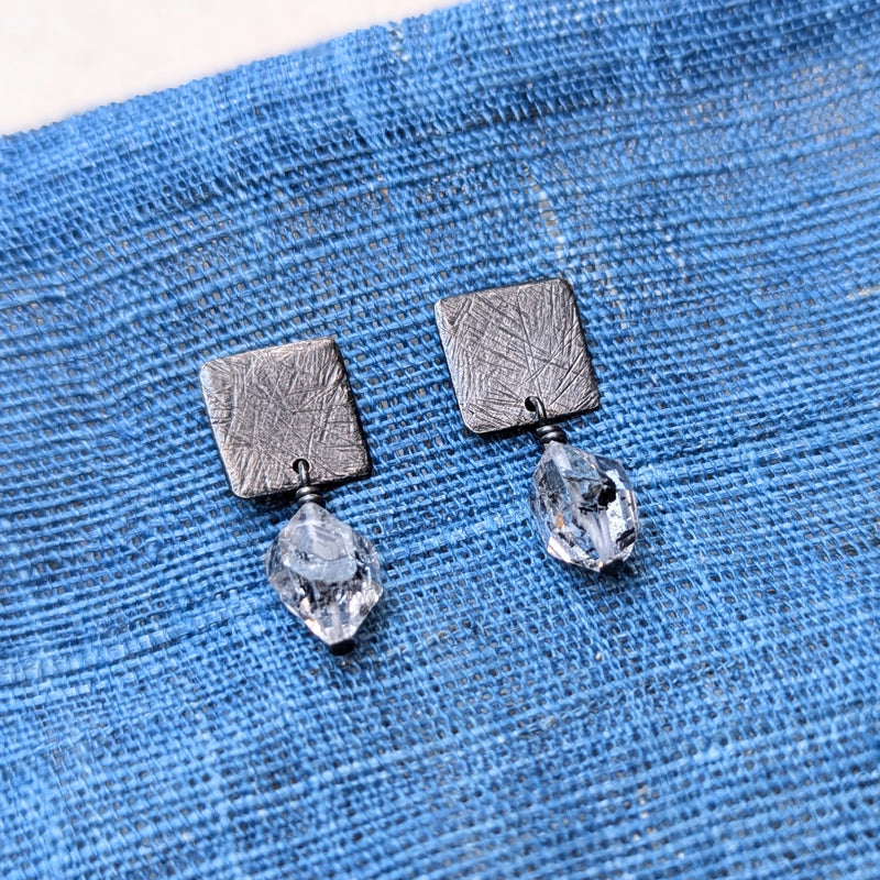 Carved Square Post Earrings - Oxidized Sterling Silver & Herkimer