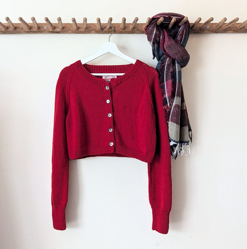 Auntie Oti hand knit 100% merino cropped wool cardigan sweater red shop Boston sowa boutique gift store