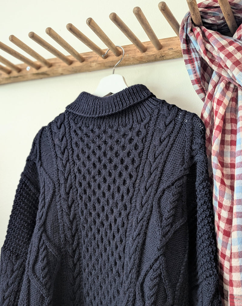 Auntie Oti hand knit 100% merino wool fisherman aran knit sweater cropped shop Boston midnight blue sowa boutique gift store