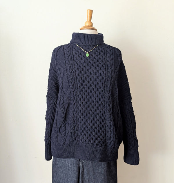 Auntie Oti hand knit 100% merino wool fisherman aran knit sweater cropped shop Boston midnight blue sowa boutique gift store