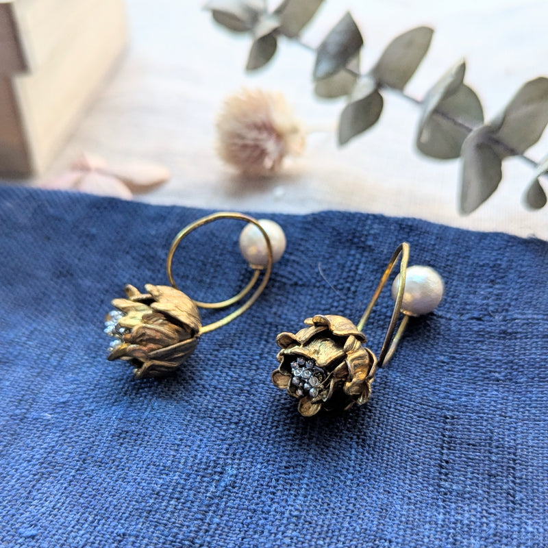 Monshiro Jewelry Japanese design floral nature inspired brass pearl vintage handmade shop Boston sowa gift store boutique