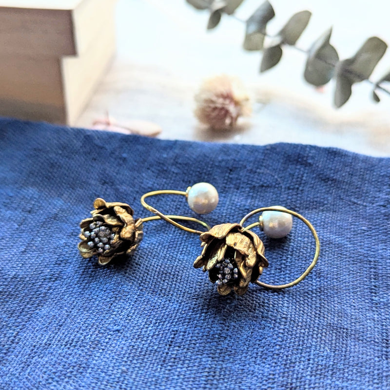 Monshiro Jewelry Japanese design floral nature inspired brass pearl vintage handmade shop Boston sowa gift store boutique