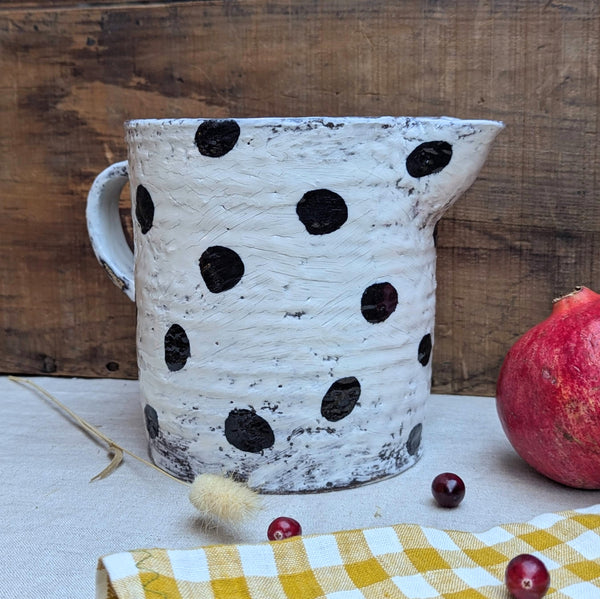 Large Handmade Ceramic Pitcher - Black Polka Dot