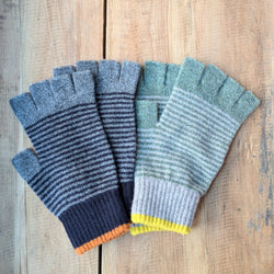 Catherine Tough Merino Lambswool Fingerless Gloves knitted green stripe made in Scotland gift shop Boston sowa boutique unisex winter accessories