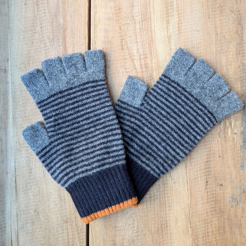 Catherine Tough Merino Lambswool Fingerless Gloves knitted green stripe made in Scotland gift shop Boston sowa boutique unisex winter accessories