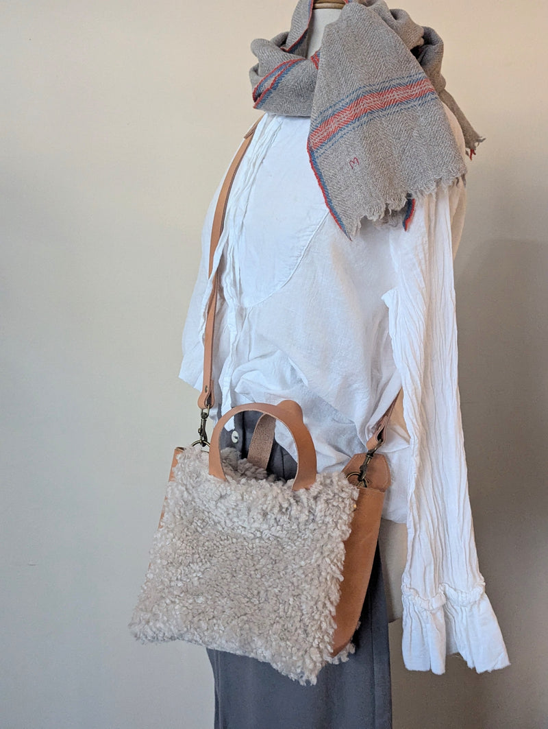 Stitch and Tickle shearling leather tote handmade boston gift shop sowa boutique leatherwork

