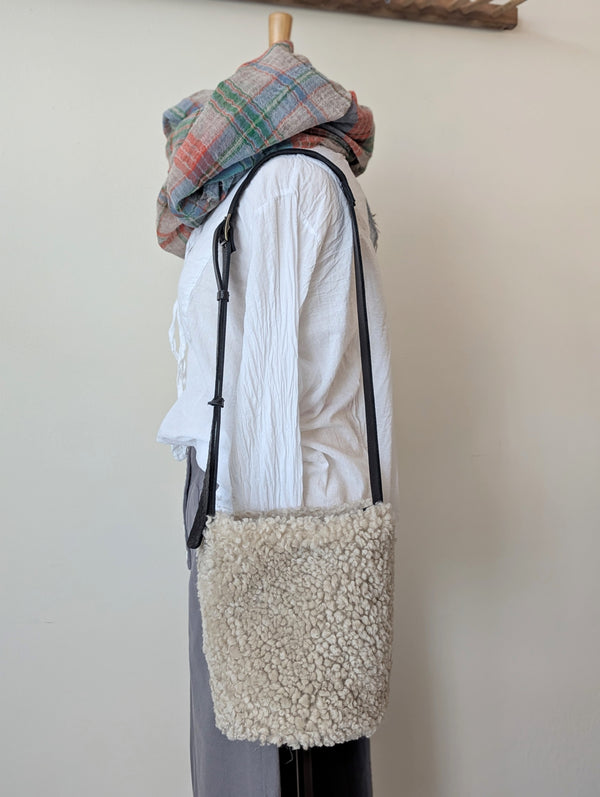 Small Shearling Bucket Bag - Magnetic Snap Closure -  Tan