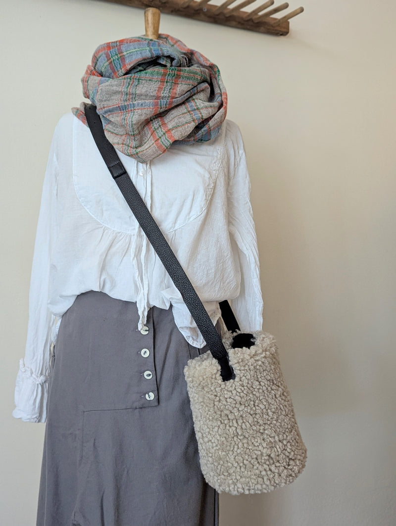 Small Shearling Bucket Bag - Magnetic Snap Closure -  Tan