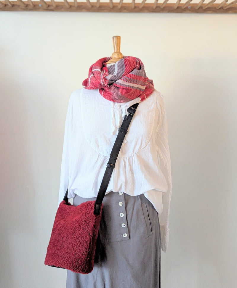 Stitch and Tickle handmade shearling leather bucket bag made in Boston made in usa leatherwork leathercraft SoWa gift shop boutique store