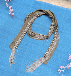 Chain and Ribbon Scarf Necklace - Khaki