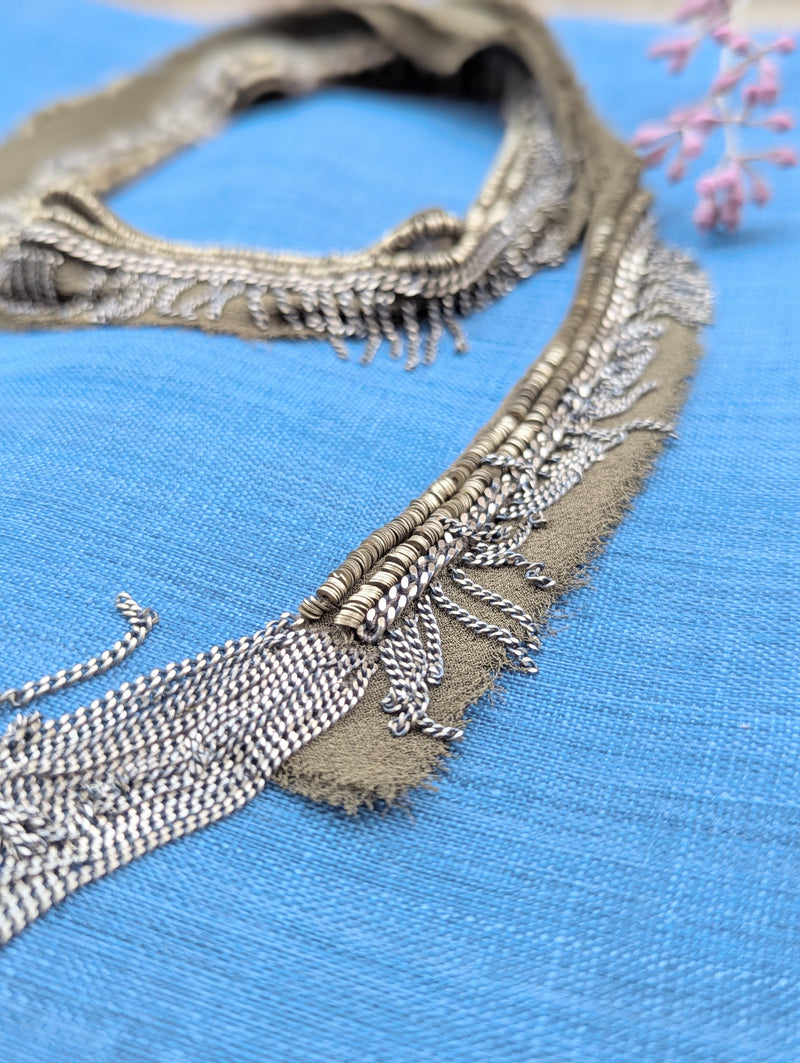 Chain and Ribbon Scarf Necklace - Khaki