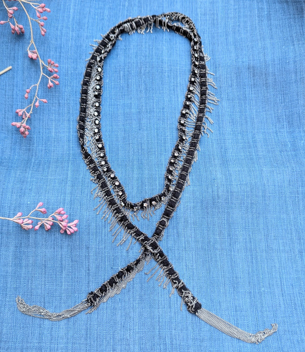 Long Chain and Ribbon Scarf Necklace with Gems - Black