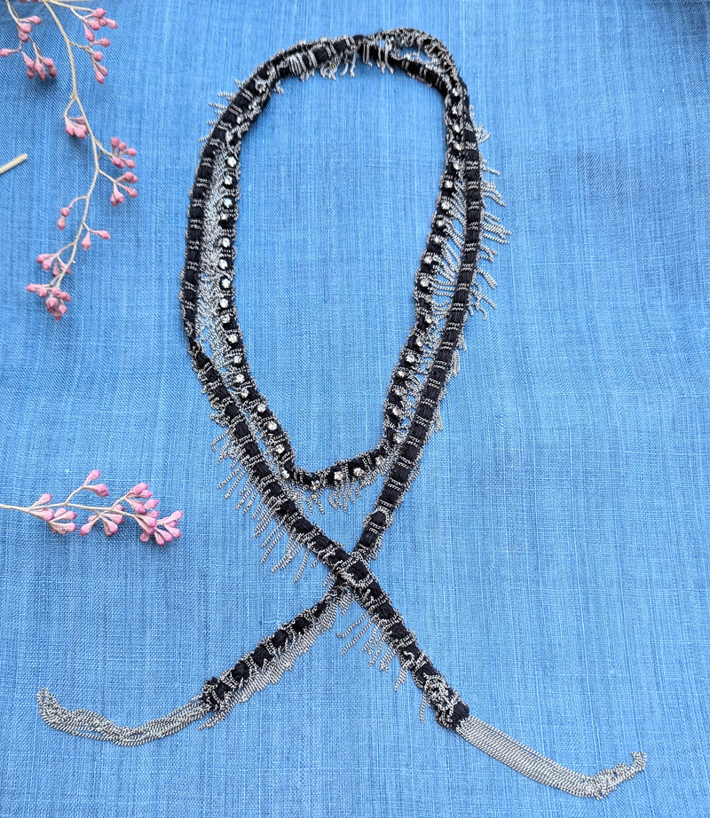 Long Chain and Ribbon Scarf Necklace with Gems - Black