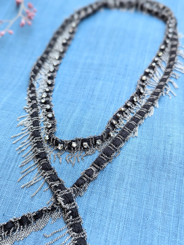 Long Chain and Ribbon Scarf Necklace with Gems - Black