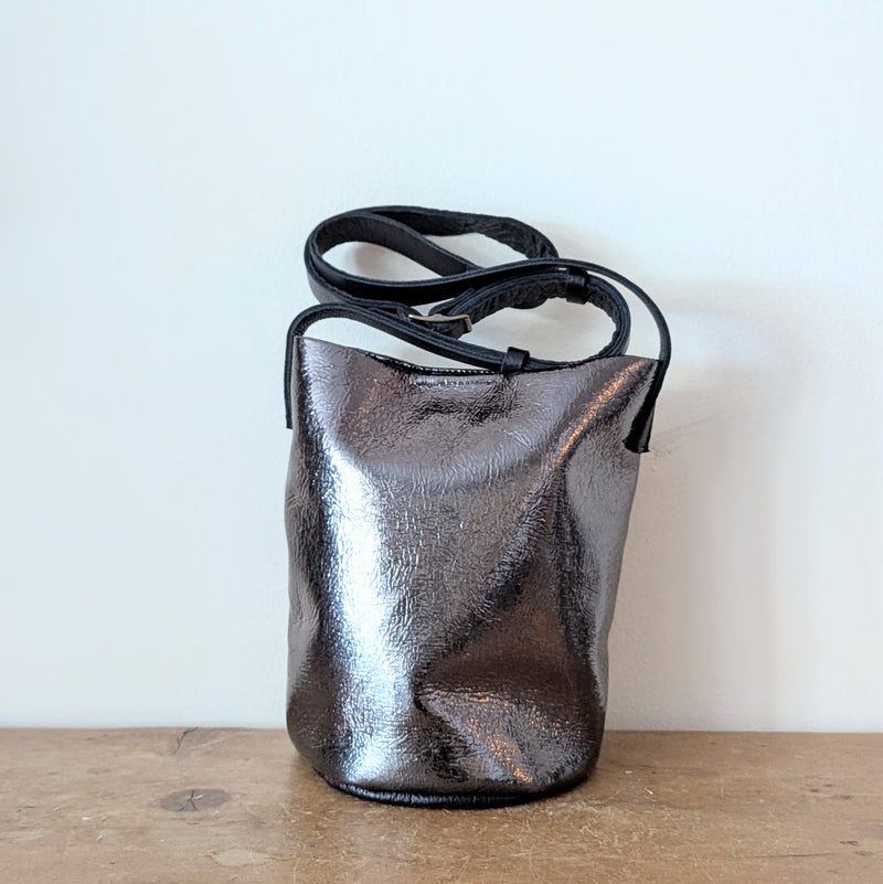 Stitch and Tickle handmade leather metallic bucket bag made in Boston made in usa leatherwork leathercraft SoWa gift shop boutique store