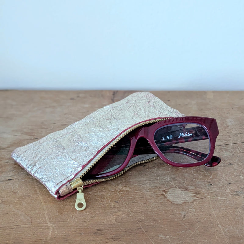 small leather zip metallic pouches travel glasses pencil case handmade handcrafted leather leatherwork gift shop sowa boston 