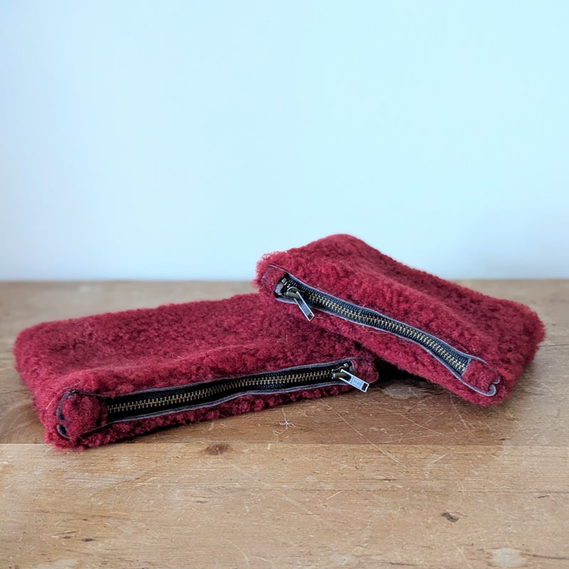 red shearling pouches handmade leather gift shop sowa boston store boutique handcrafted