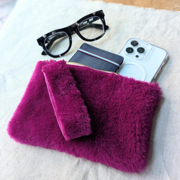 Large Magenta Shearling Clutch  with Wristlet