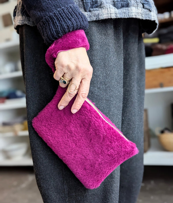 Large Magenta Shearling Clutch  with Wristlet