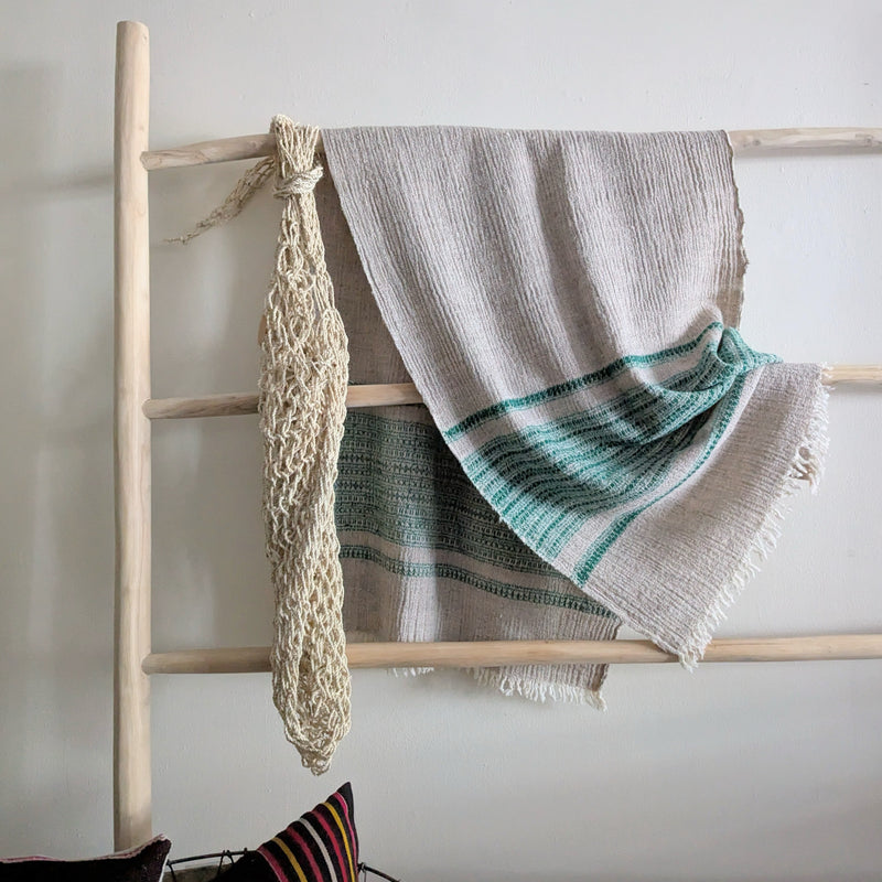 Wool Khadi Throw - Emerald and Oatmeal