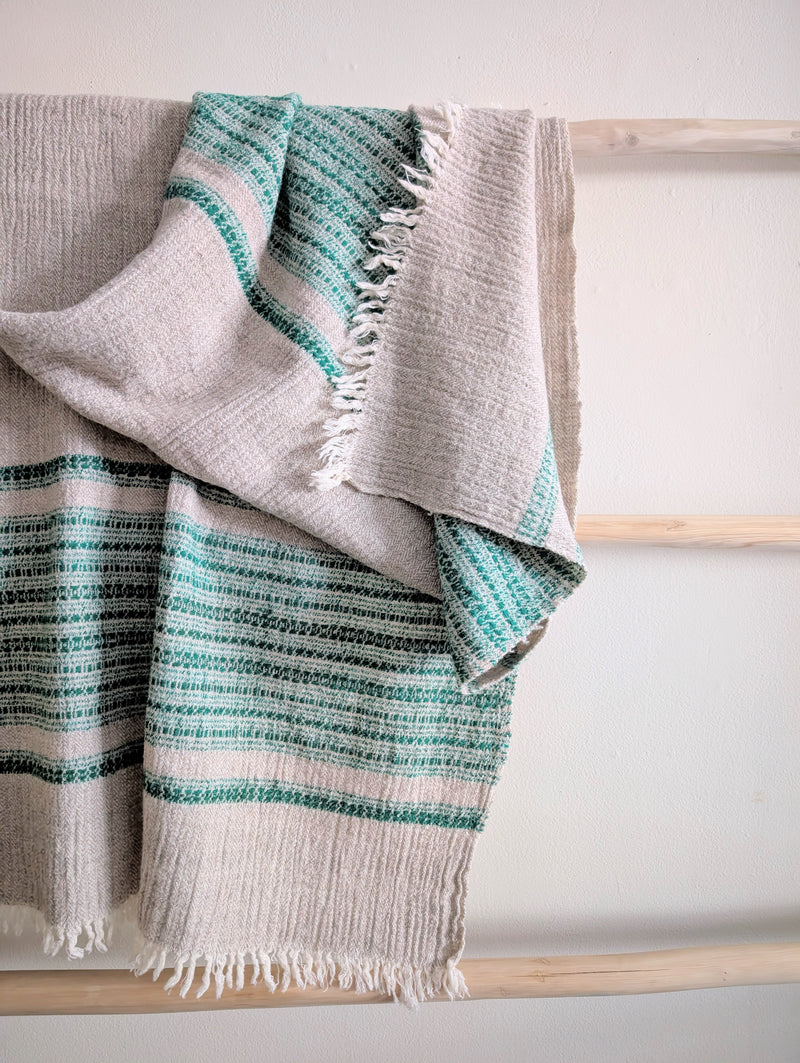 Wool Khadi Throw - Emerald and Oatmeal