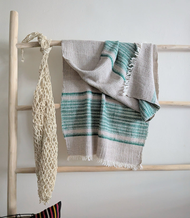 Wool Khadi Throw - Emerald and Oatmeal