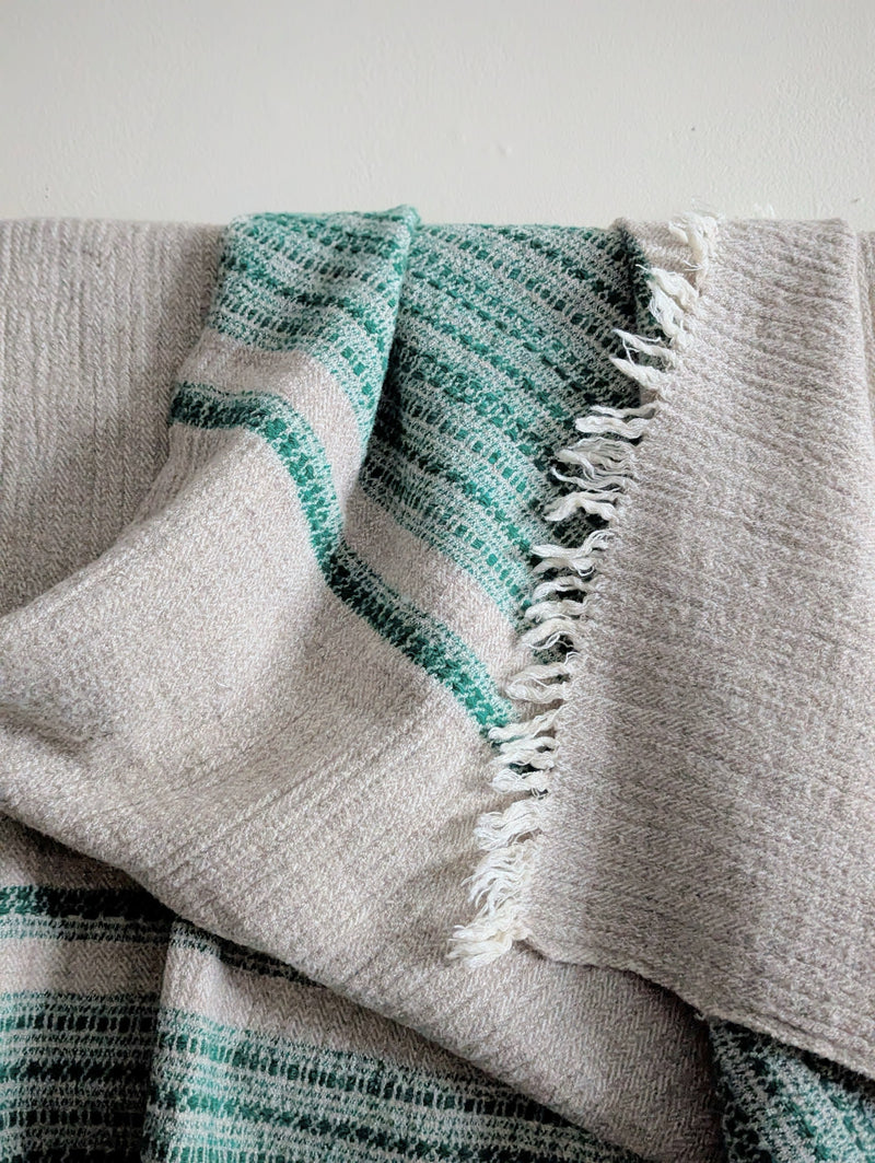 Wool Khadi Throw - Emerald and Oatmeal