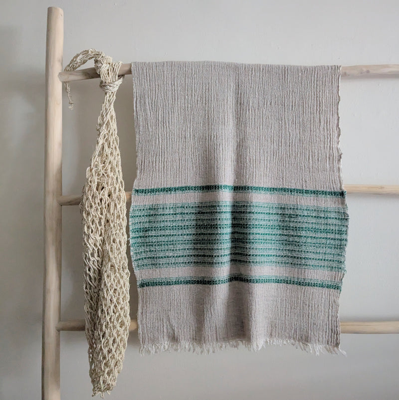 Wool Khadi Throw - Emerald and Oatmeal