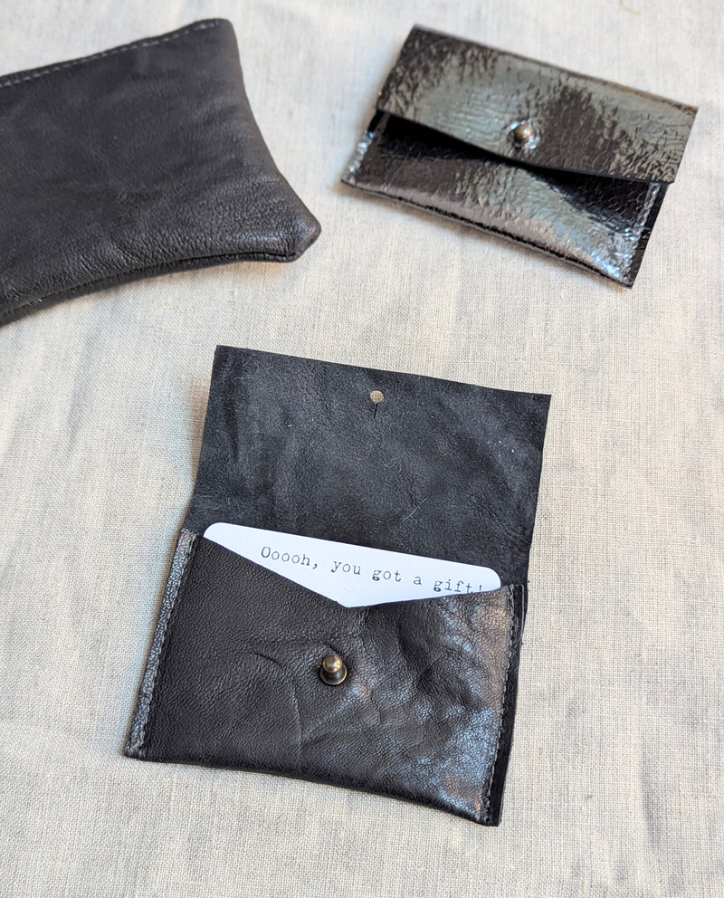 small leather metallic pouches travel wallet cardholder coinpurse handmade handcrafted leather leatherwork gift shop sowa boston 