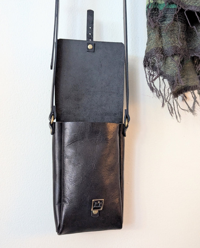 Stitch and Tickle handmade leather vertical mini messenger bag crossbody made in Boston made in usa leatherwork leathercraft SoWa shop boutique gift store