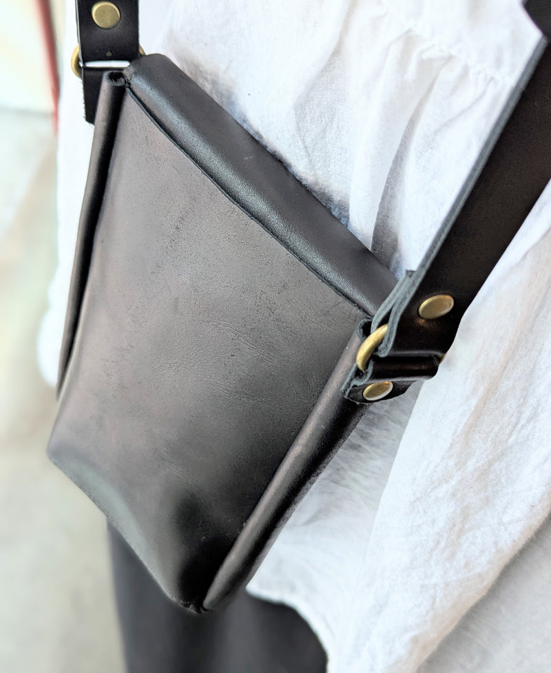 Stitch and Tickle handmade leather vertical mini messenger bag crossbody made in Boston made in usa leatherwork leathercraft SoWa shop boutique gift store