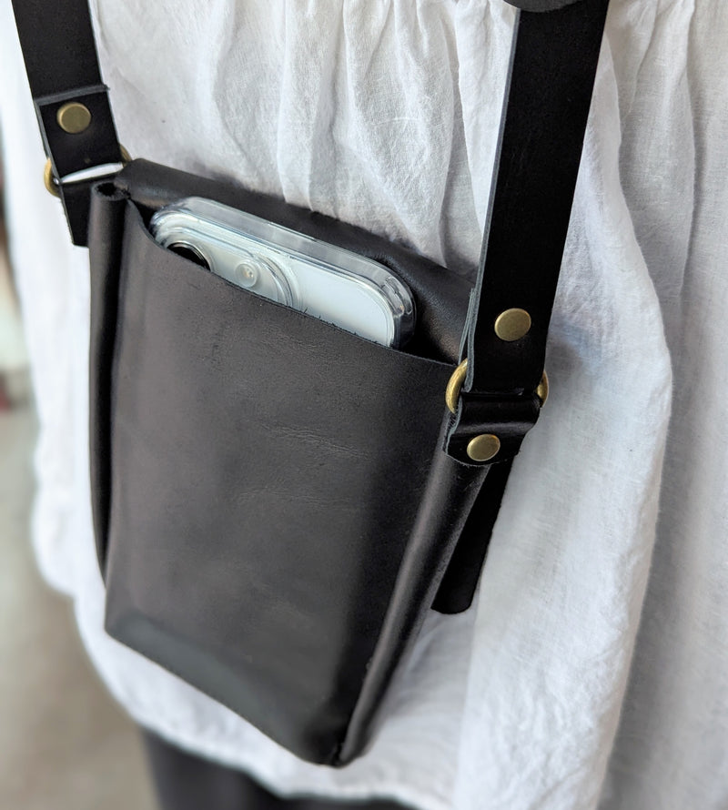 Stitch and Tickle handmade leather vertical mini messenger bag crossbody made in Boston made in usa leatherwork leathercraft SoWa shop boutique gift store