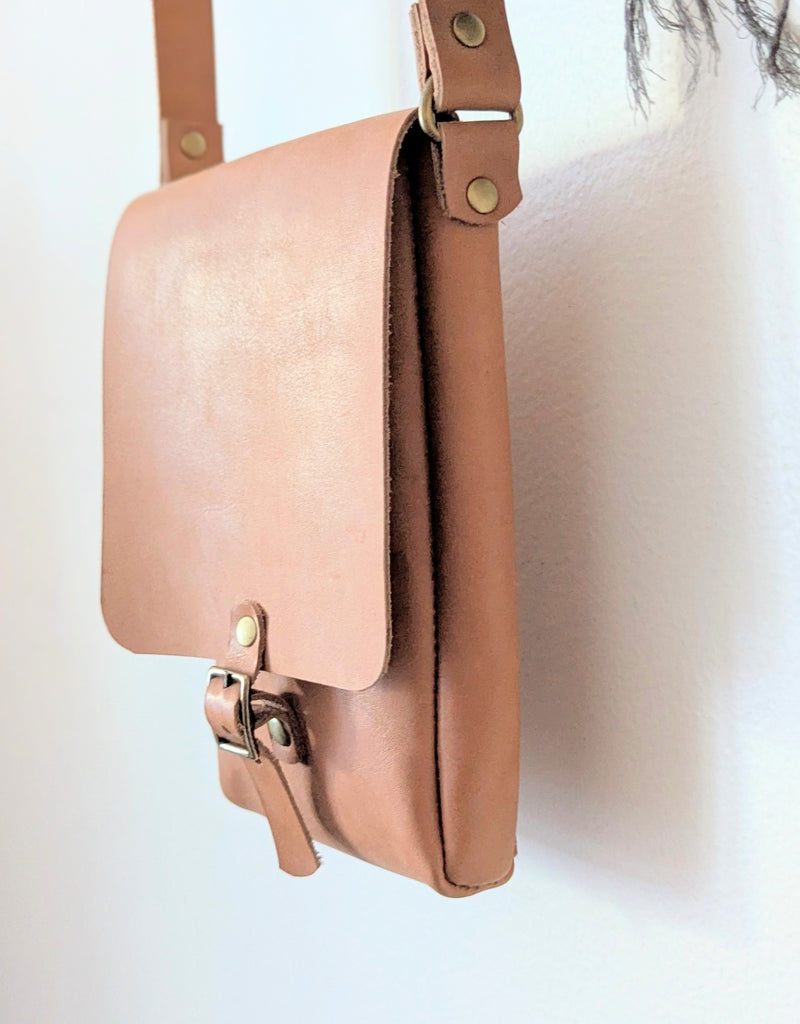 Stitch and Tickle handmade leather mini vertical narrow messenger bag crossbody made in Boston made in usa leatherwork leathercraft SoWa shop boutique gift store