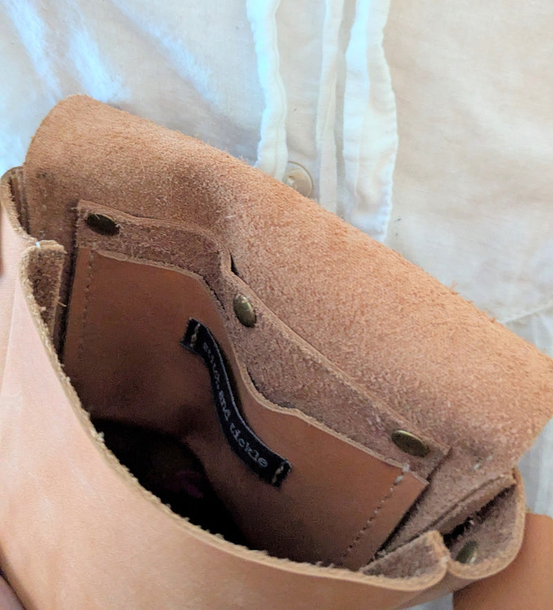 Stitch and Tickle handmade leather mini vertical narrow messenger bag crossbody made in Boston made in usa leatherwork leathercraft SoWa shop boutique gift store