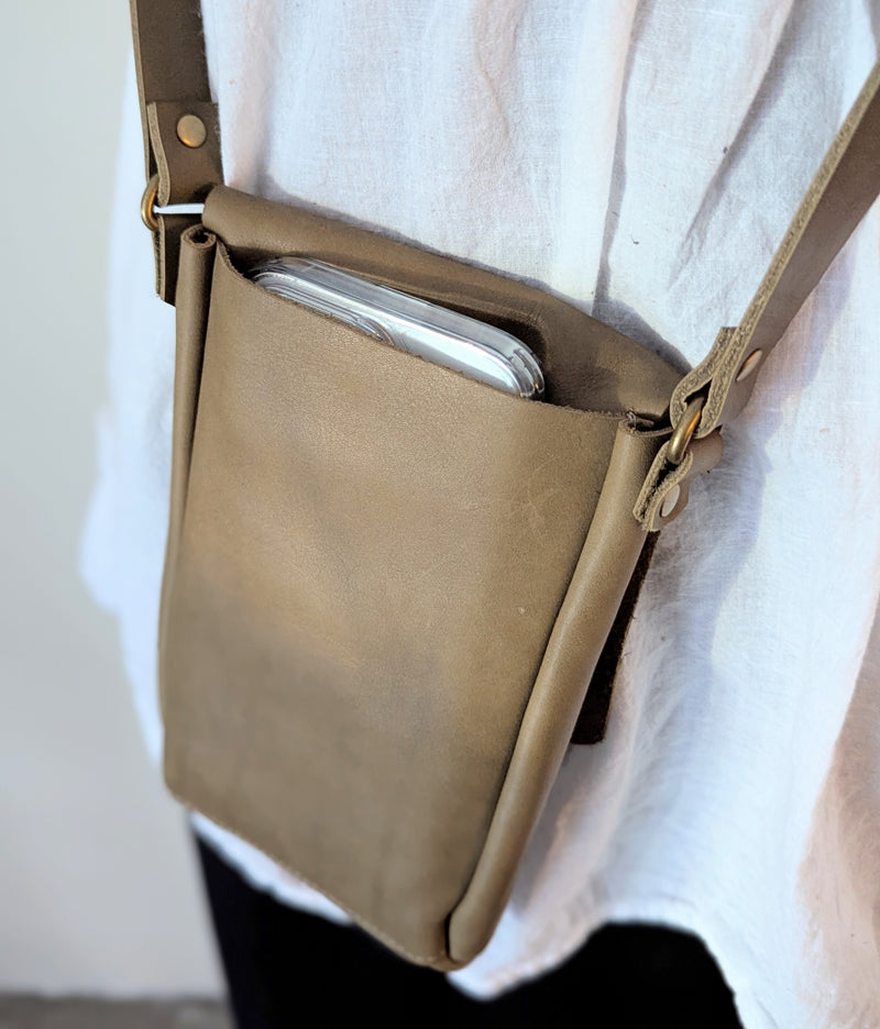 Stitch and Tickle handmade leather vertical narrow mini messenger bag crossbody made in Boston made in usa leatherwork leathercraft SoWa shop boutique gift store