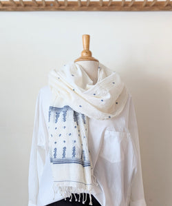 Khadi Cotton Muslin Scarf - White with Dotted Indigo Border