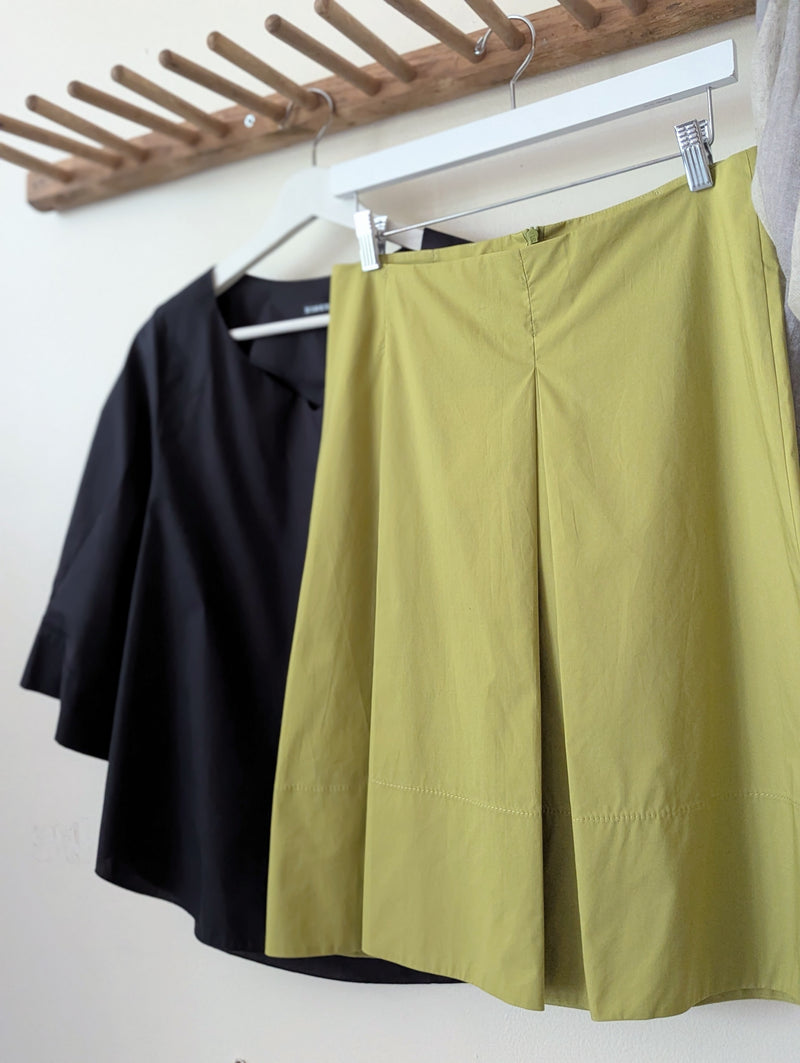 Susanne Bommer asymmetric pleated skirt knee length green cotton boutique small business gift shop sowa boston 