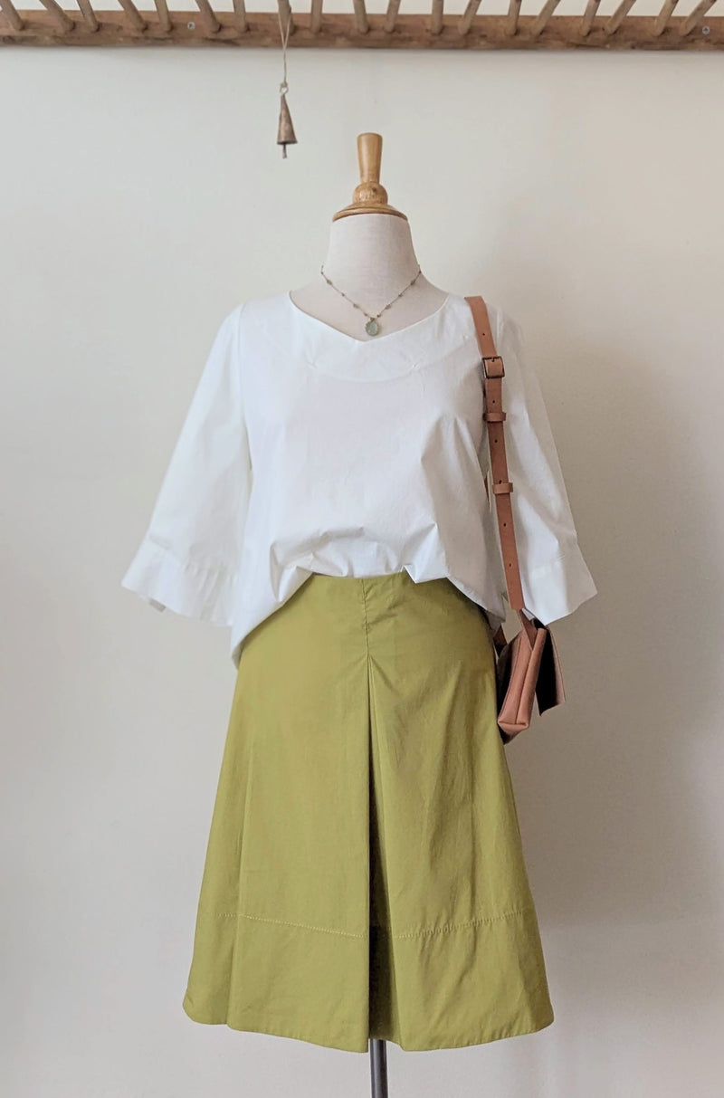 Susanne Bommer asymmetric pleated skirt knee length green cotton boutique small business gift shop sowa boston 