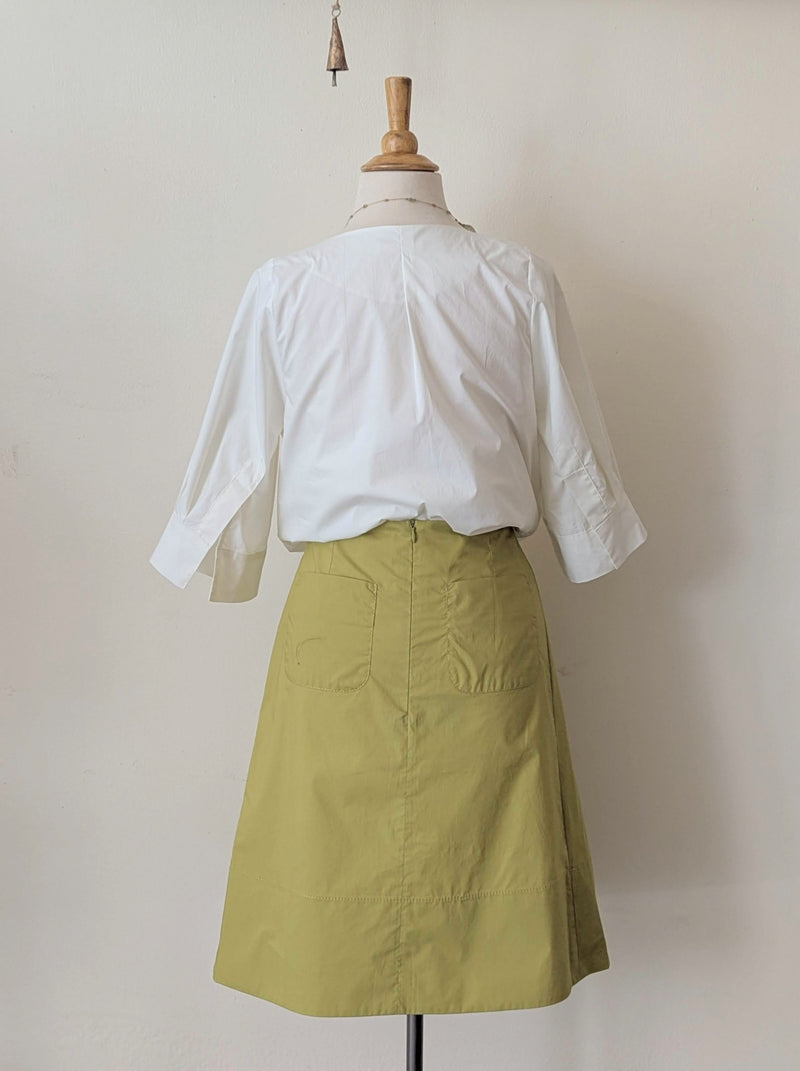 Susanne Bommer asymmetric pleated skirt knee length green cotton boutique small business gift shop sowa boston 