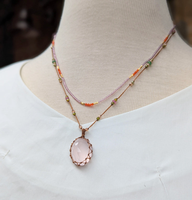 Tibetan macrame necklace pink quartz crystal stone jewelry shop boston sowa gift store 