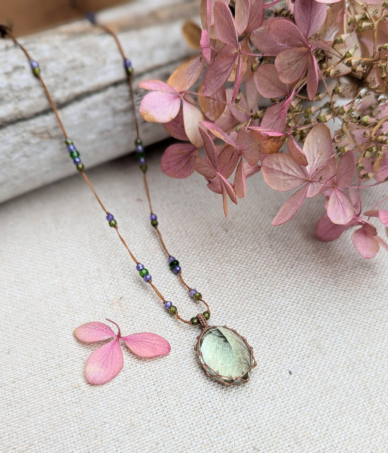 Tibetan macrame necklace green amethyst crystal stone jewelry shop boston sowa gift store 